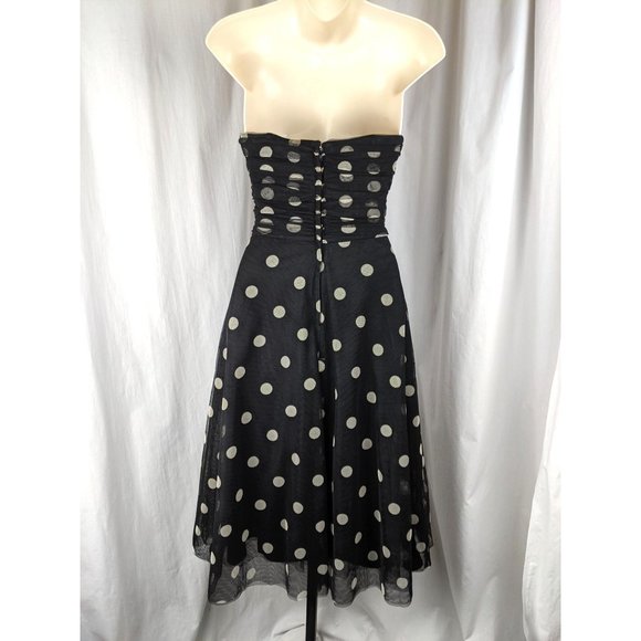 BCBGMAXAZRIA black polka dot Dress 8P 8 Petite 50s flare ruched pinup rockabilly - Picture 2 of 2